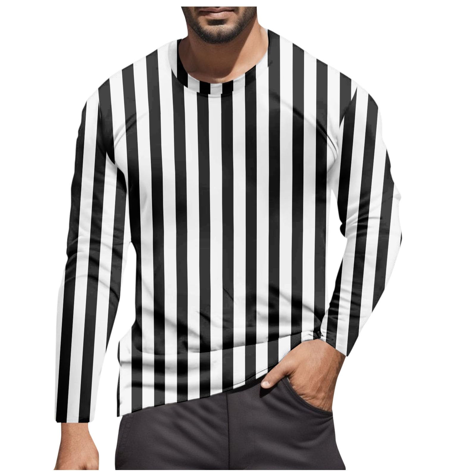 Striped Shirt Men Women Red White Long Sleeve T-Shirt Carnival Long Sleeve T-Shirt Horizontal Stripes Wide Stripes Fine Stripes Crew Neck Leisure Top Striped Shirt Fancy Dress Costumes, Black-7, 3XL
