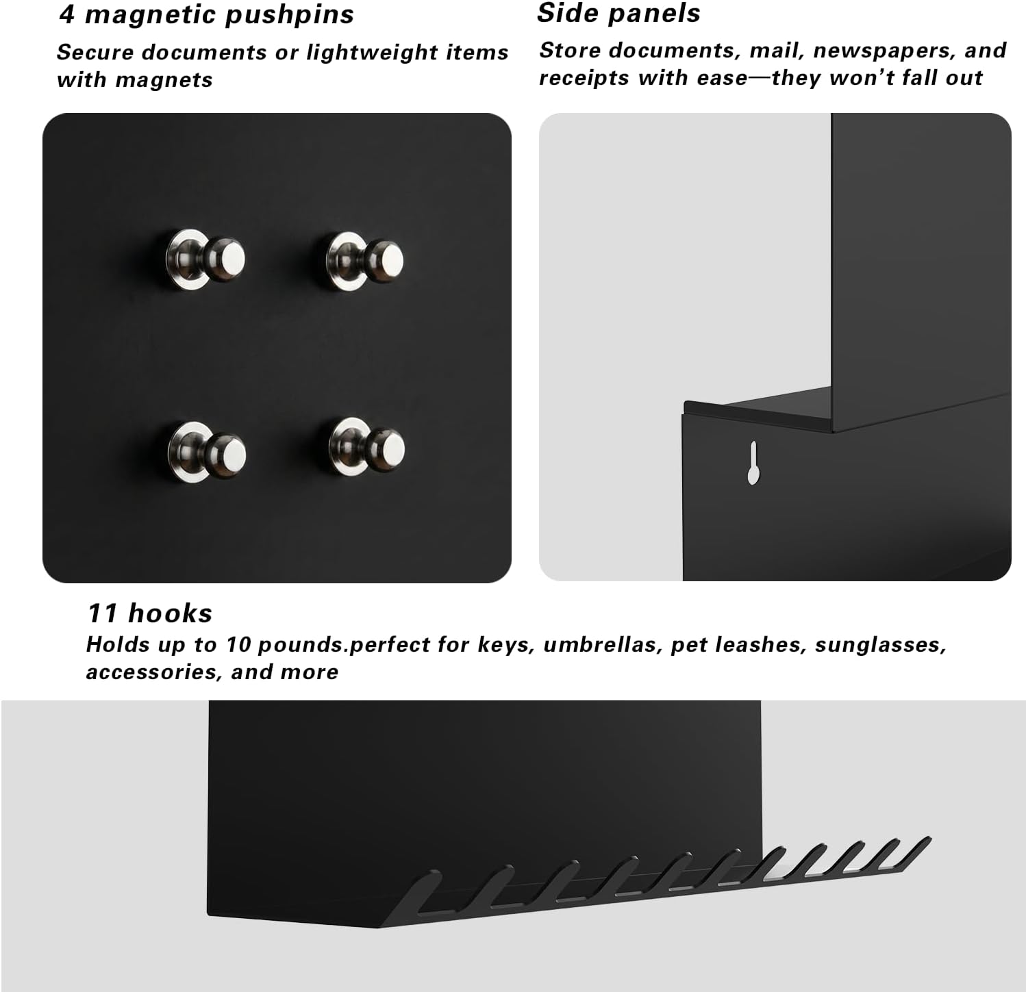 Key Holder for Wall with 11 Hooks,Hidden Side-Loading Mail Organizer, Black