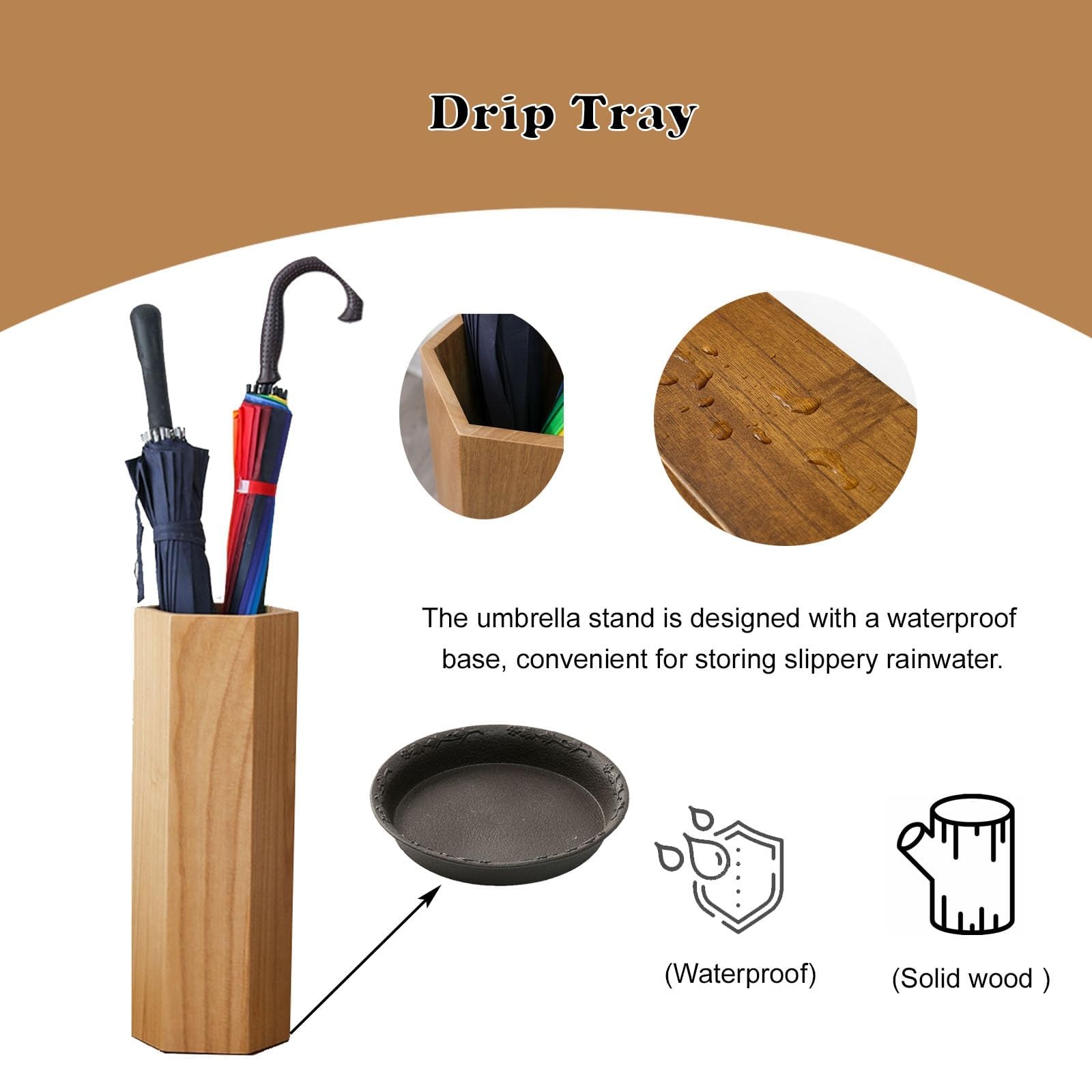 Portaombrelli in legno con vassoio antigoccia, elegante organizer per corridoi, case e spazi pubblici