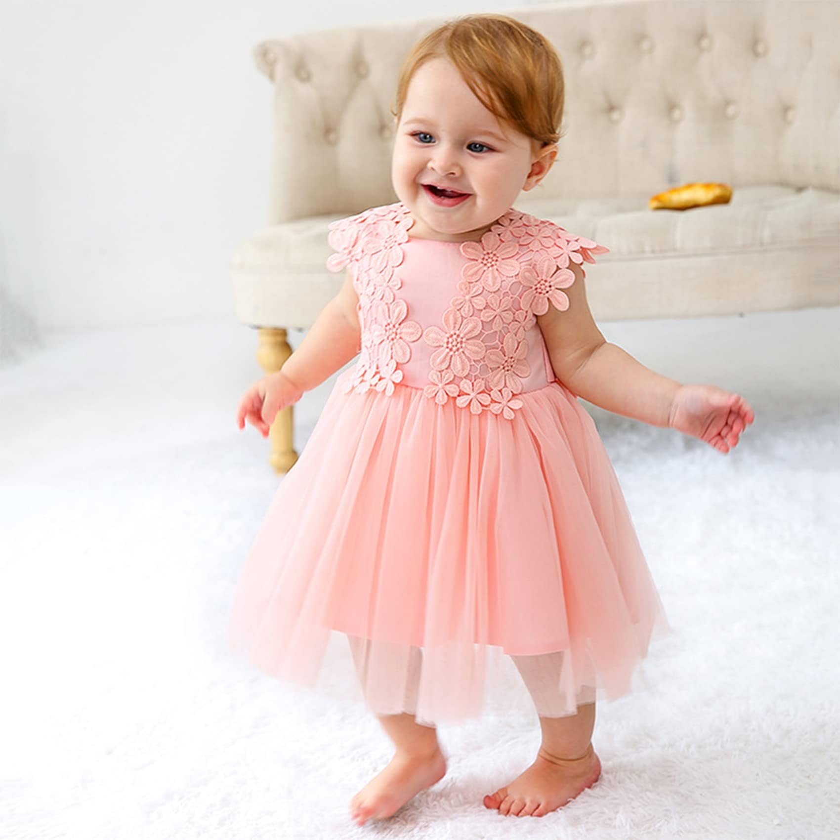 Abito Bimba Battesimo con Tulle Sfumato Arcobaleno,Abito da Festa Principessa Senza Maniche con Fiori e Pizzo,Vestito Elegante per Bambina 6-24 Mesi,Regalo per Cerimonie