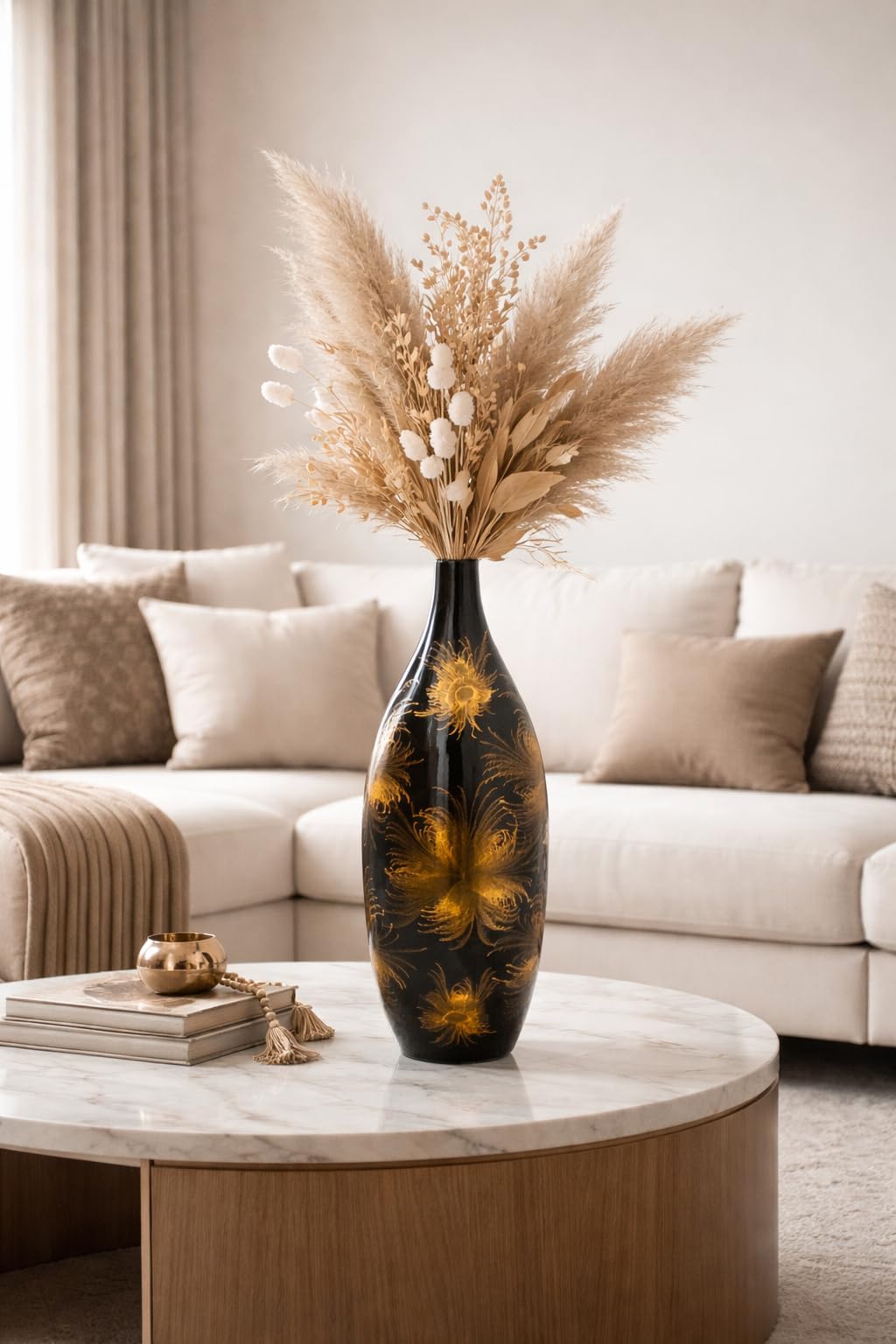 Elegante jarrón de cerámica negro con diseño de fuegos artificiales dorados, 51 cm, cuello estrecho, jarrón decorativo para sala de estar moderna decoración del hogar
