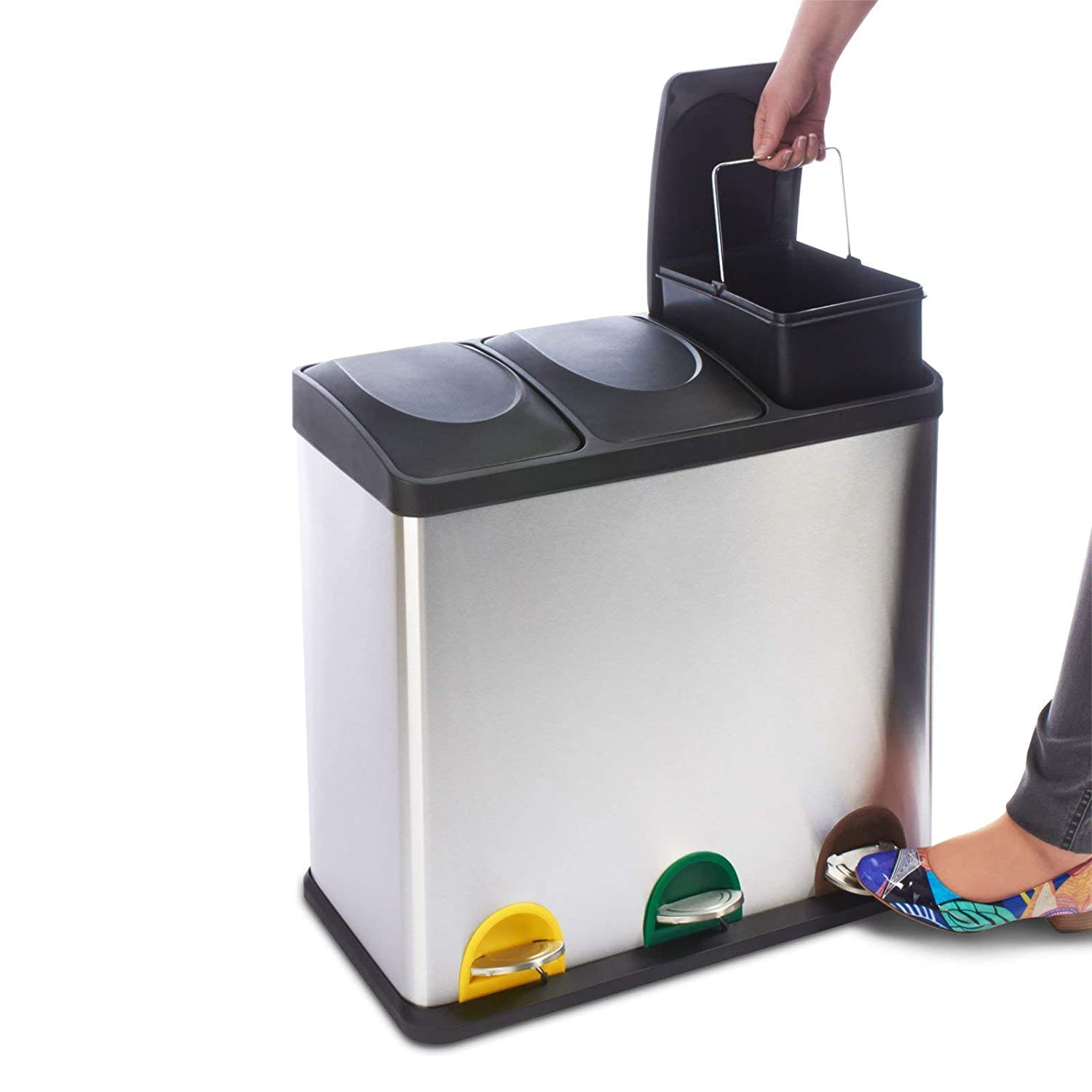Floordirekt Mülleimer 2 oder 3 Fächer 24 L aus Edelstahl für Haushalt inkl. 15 Müllbeutel | Abfalleimer Mülltonnenbox 3er für Küche 3 Kammer je 18 Liter für Papier, Biomüll, Plastik
