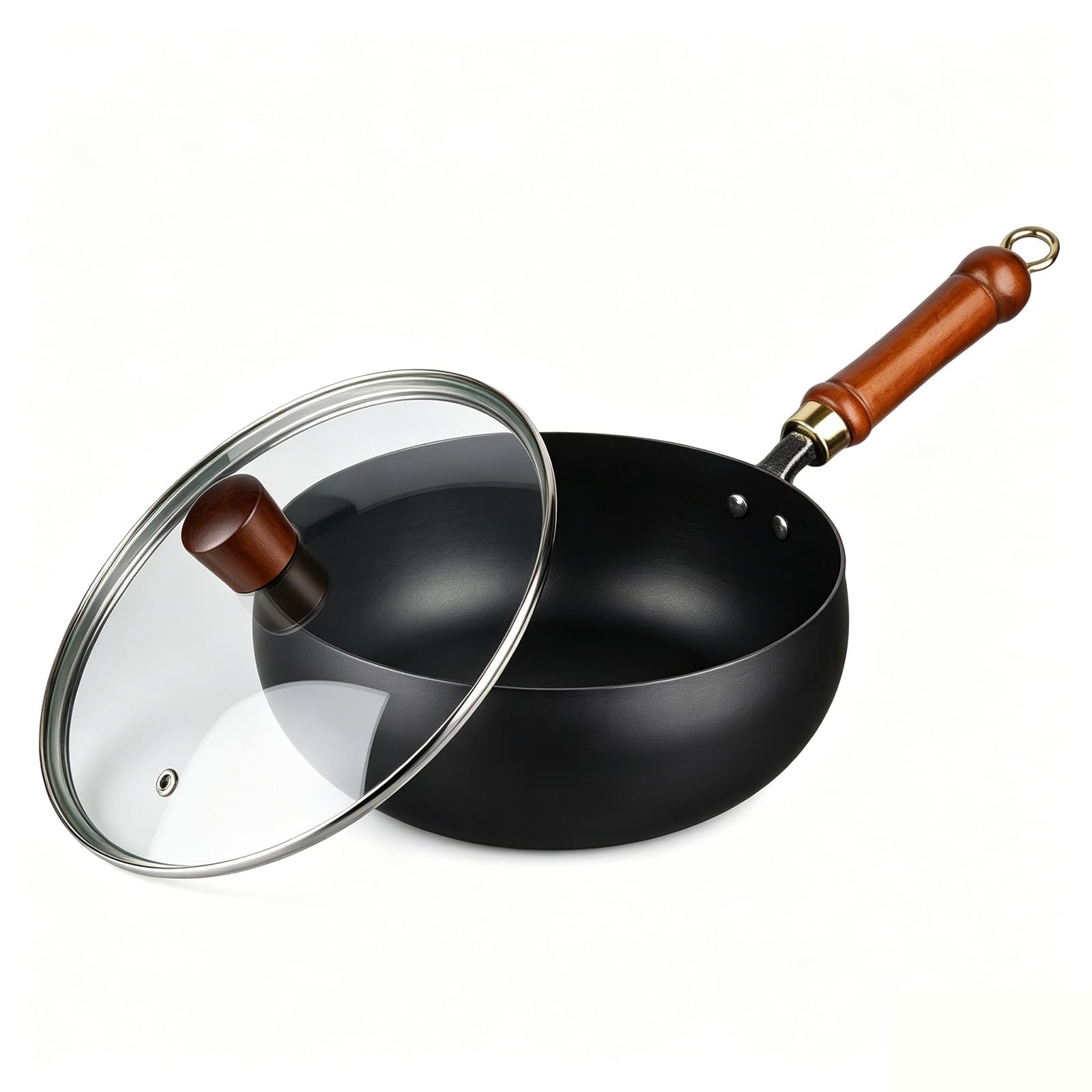 Wok en métal non revêtu de 24cm avec couvercle en bois pour cuisine au quotidien