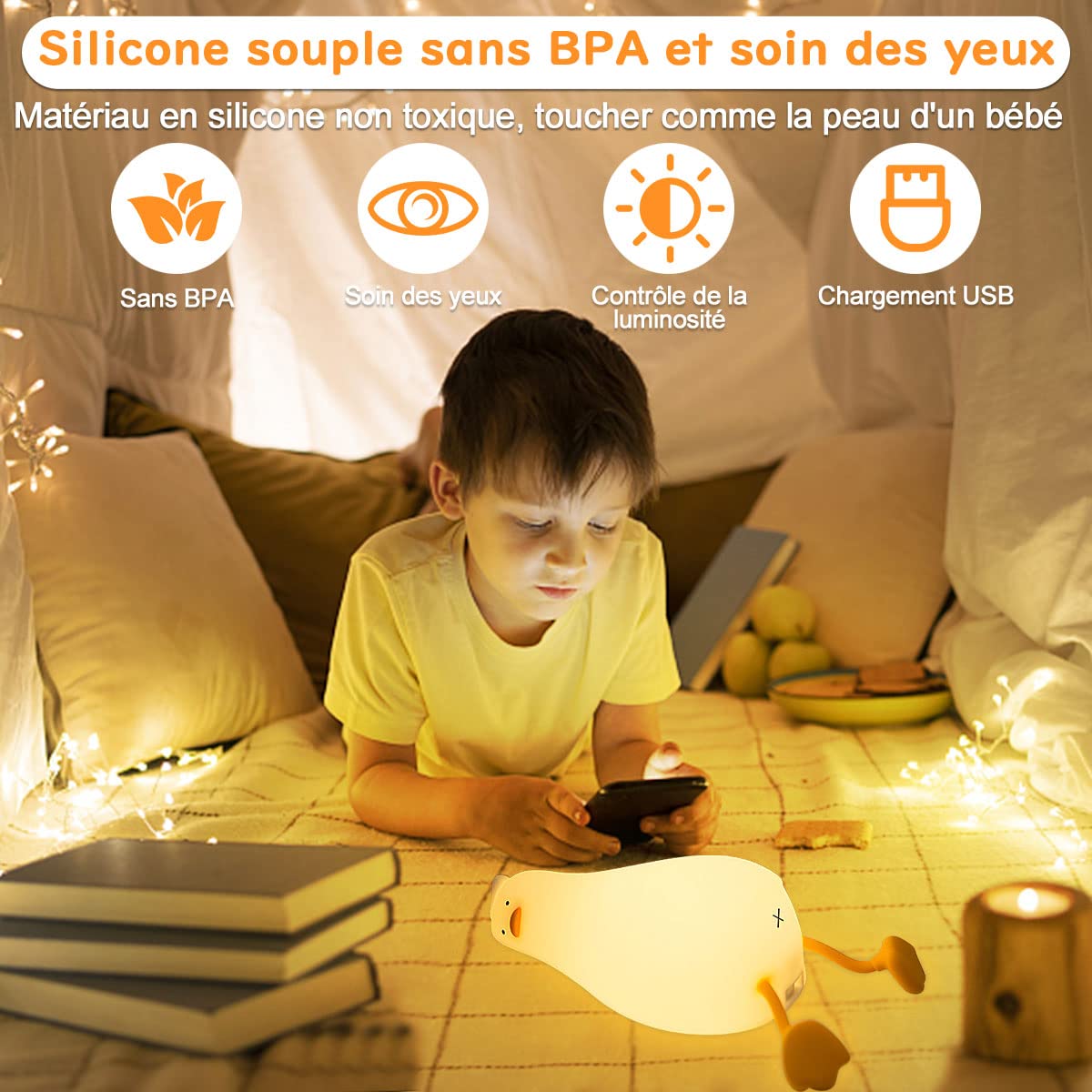 FAMIDUO Luce Notturna Bambini, Sdraiata Anatra Lampada Led Ricaricabile, Neonato Accessori Utili Camera Da Letto, Lampada Comodino, Regalo Neonata Femmina, Luminosità Regolabile, Tempismo Di 30 Minuti