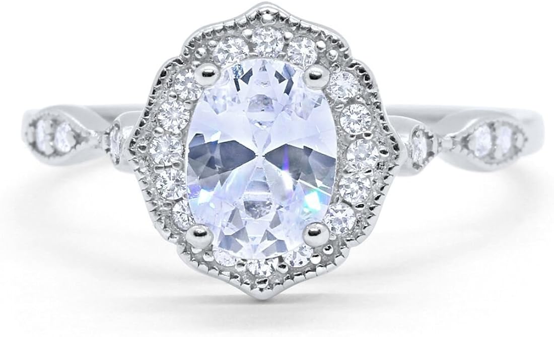 Blue Apple Co. Art Deco Antique Style Wedding Engagement Ring Oval Round Simulated Cubic Zirconia 925 Sterling Silver
