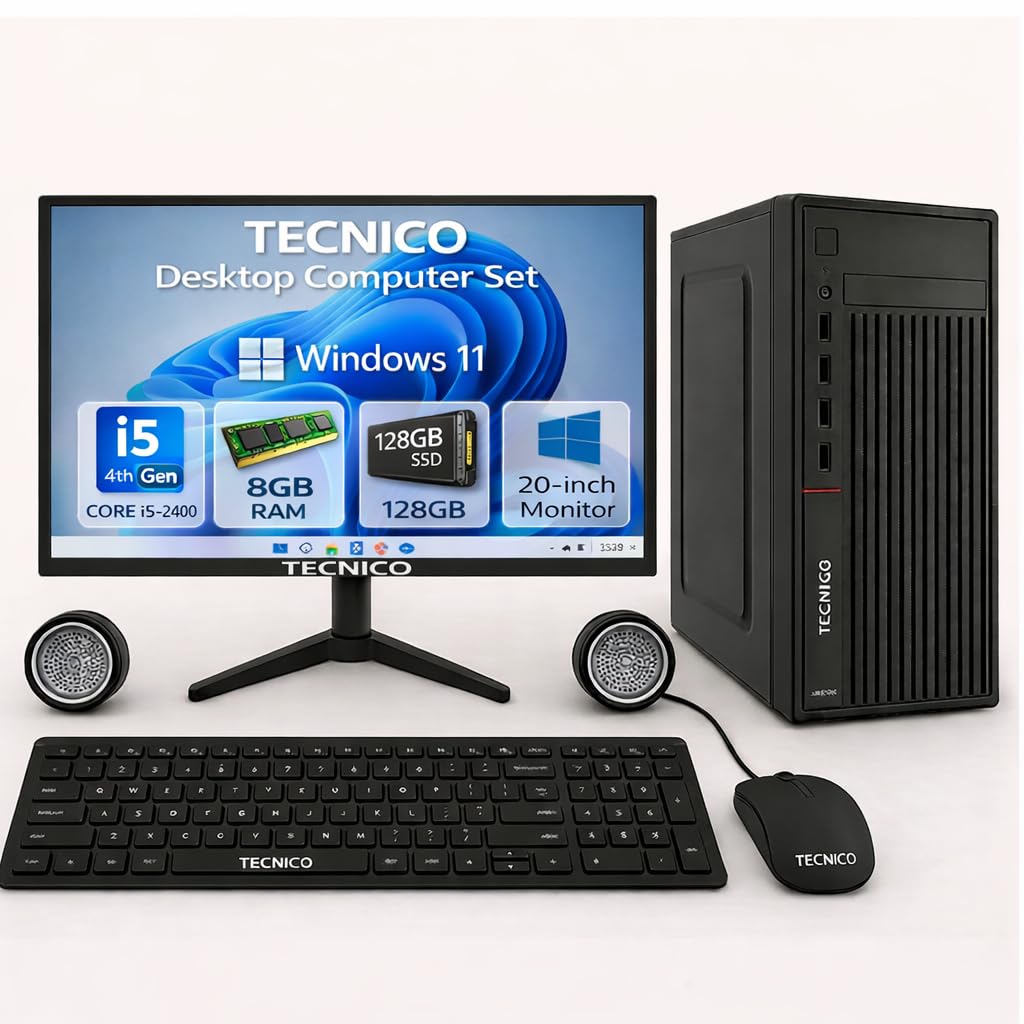 TECNICO Desktop Computer Set, Windows 11 Intel Core I5-2400, 8GB RAM, 128GB SSD, 20-Inch Monitor, Keyboard, Mouse, Speakers