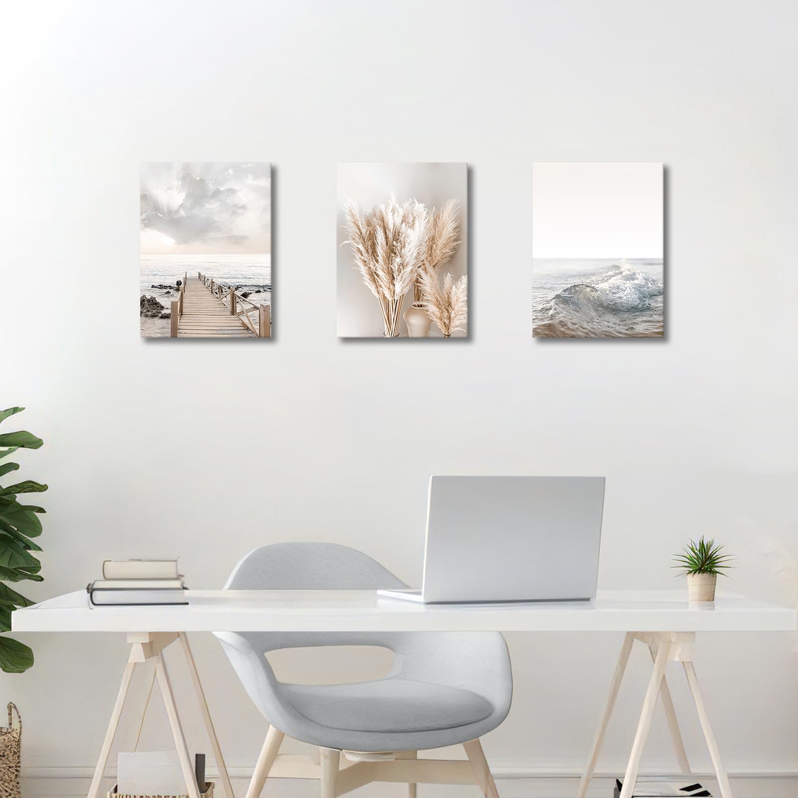 3 Pcs Wooden Framed Canvas Wall Art Set Bohemian Sage Green Canvas Prints Poster Geometric Line Beige Green Pictures for Living Room Bedroom Dinning Room Hallway Stairs Wall Decor 30x40cm x3pcs — view 267