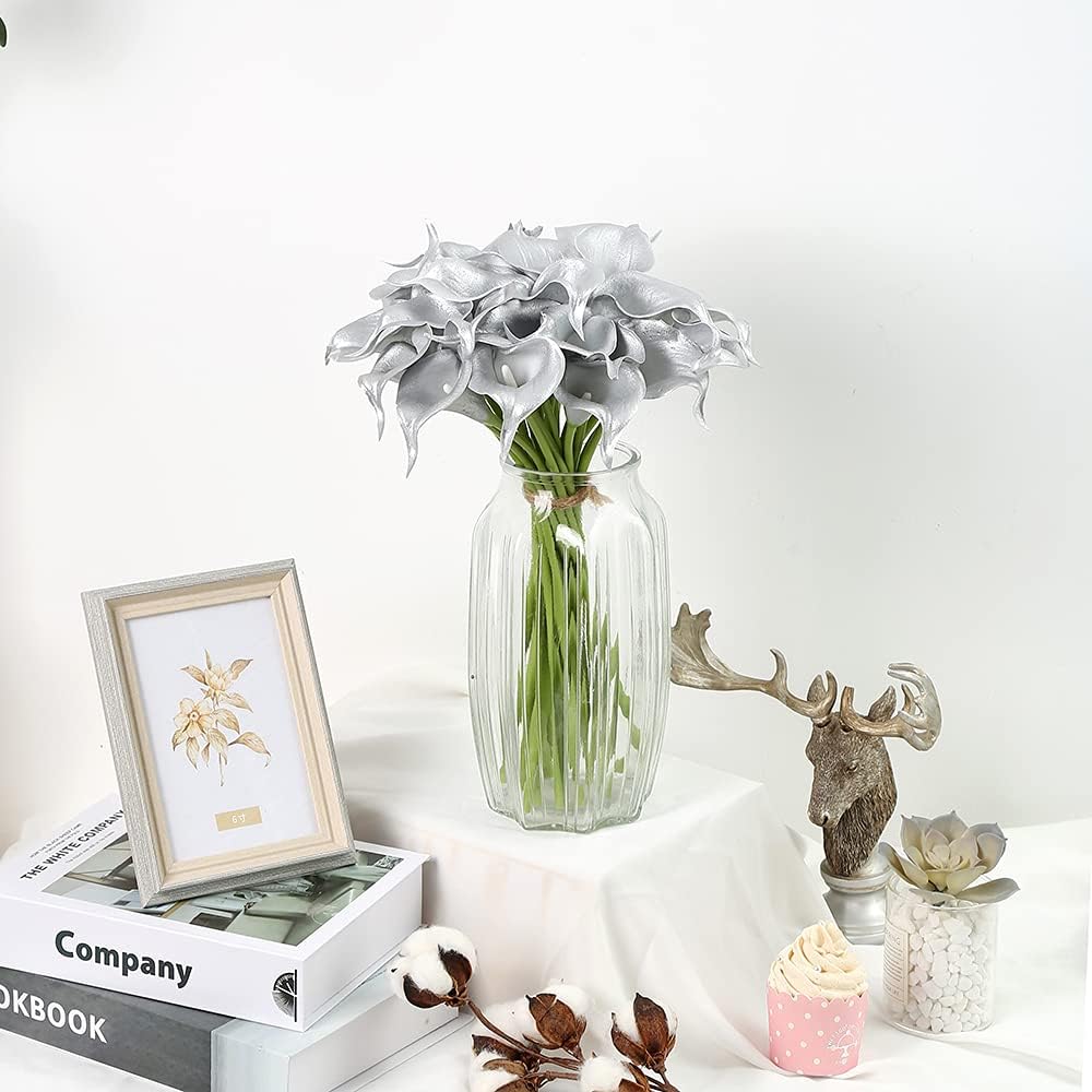 IPOPU Silver Calla Lily Artificial Flowers, 24pcs for DIY Wedding Bouquets, Centerpieces, Bridal Shower, Party, Home Flower Arrangement Decorations