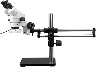 AmScope SM-5BZ-144S Professional Binocular Stereo Zoom Microscope, WH10x Eyepieces, 3.5X-90X Magnification, 0.7X-4.5X Zoom Objective, 144-Bulb LED Ring Light, Ball-Bearing Double-Arm Boom Stand, 110V-240V, Includes 0.5X and 2.0X Barlow Lenses