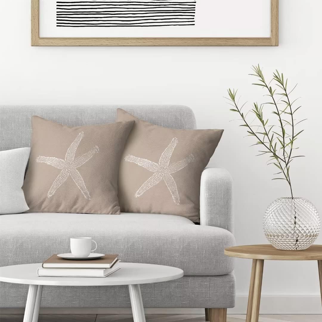 AEIOAE Coastal Pillow Covers 16X16 Inch Set of 2, Brown Tan Starfish Throw Pillow Covers Beach Pillowcase Linen Nautical Decor for Indoor Outdoor Home Sofa Bedroom Living Room - Image 2