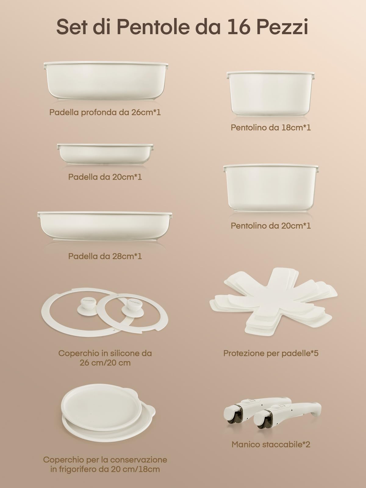 FOHERE Set di pentole da 16 pezzi, set di pentole a induzione con manico rimovibile, set di pentole e padelle in ceramica antiaderente, padella 20/28 cm, casseruola 18/20 cm, padella profonda 26 cm