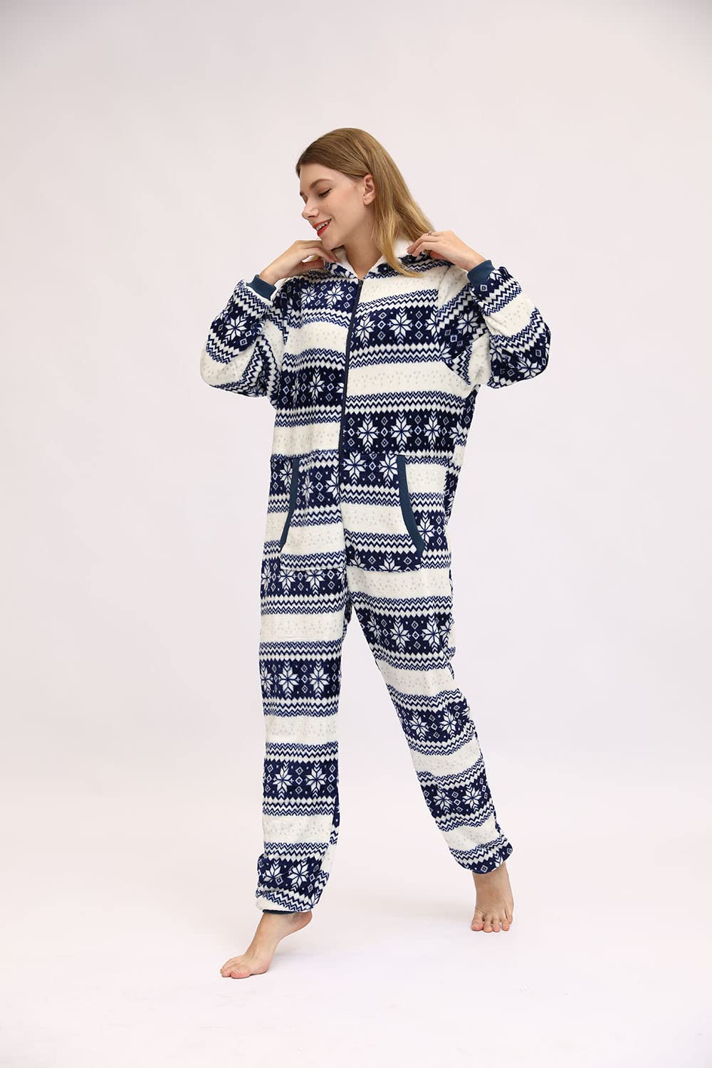 Tuta da donna per Natale, inverno, calda, tuta intera per adulti, cosplay, in pile, con cappuccio e chiusura lampo