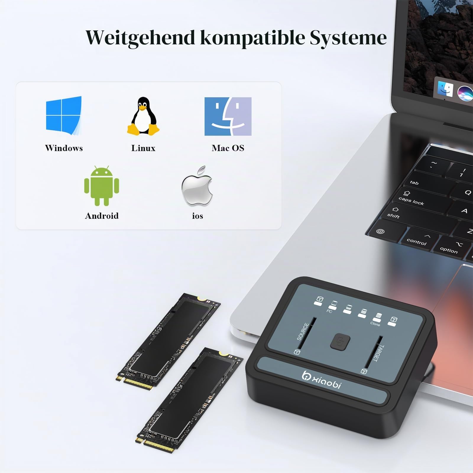 M.2 NVMe/SATA SSD Cloner, M.2 Duplikator 2-Bay Festplattengehäuse, werkzeuglos 20Gbps USB3.2 Gen 2X2 Festplattenleser für NVMe SATA SSD Unterstützt Offline Clone, UASP und Trim