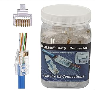 RJ45 CAT5 CAT5e Pass Through Connectors 50Pack-End Ethernet 8P8C GoldPlated Modular Plug for Unshielded Twisted Pair Solid Wire & Standard Cables