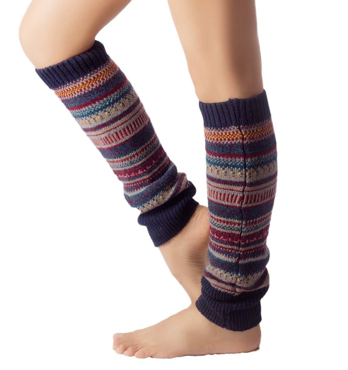 Blue Multicolor Stripe Long Warm Woolen Thigh High Knee High Leg Warmer Winter Fashion Knitted Warm Boot Thigh High Socks Boot Cuffs for Women Girls.-image-11