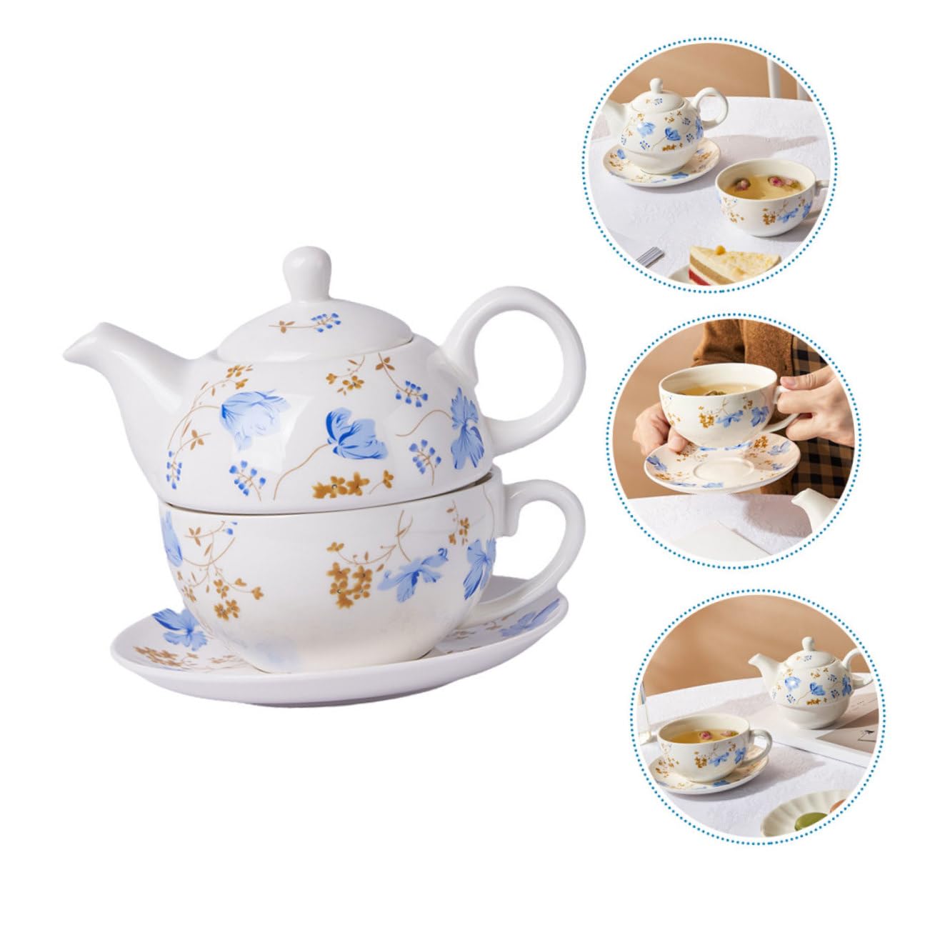 Cabilock Juego de Té de Cerámica con Tetera y Taza, 480ml y 350ml, para Hojas Sueltas o Infusión de Frutas en Viajes y Reuniones