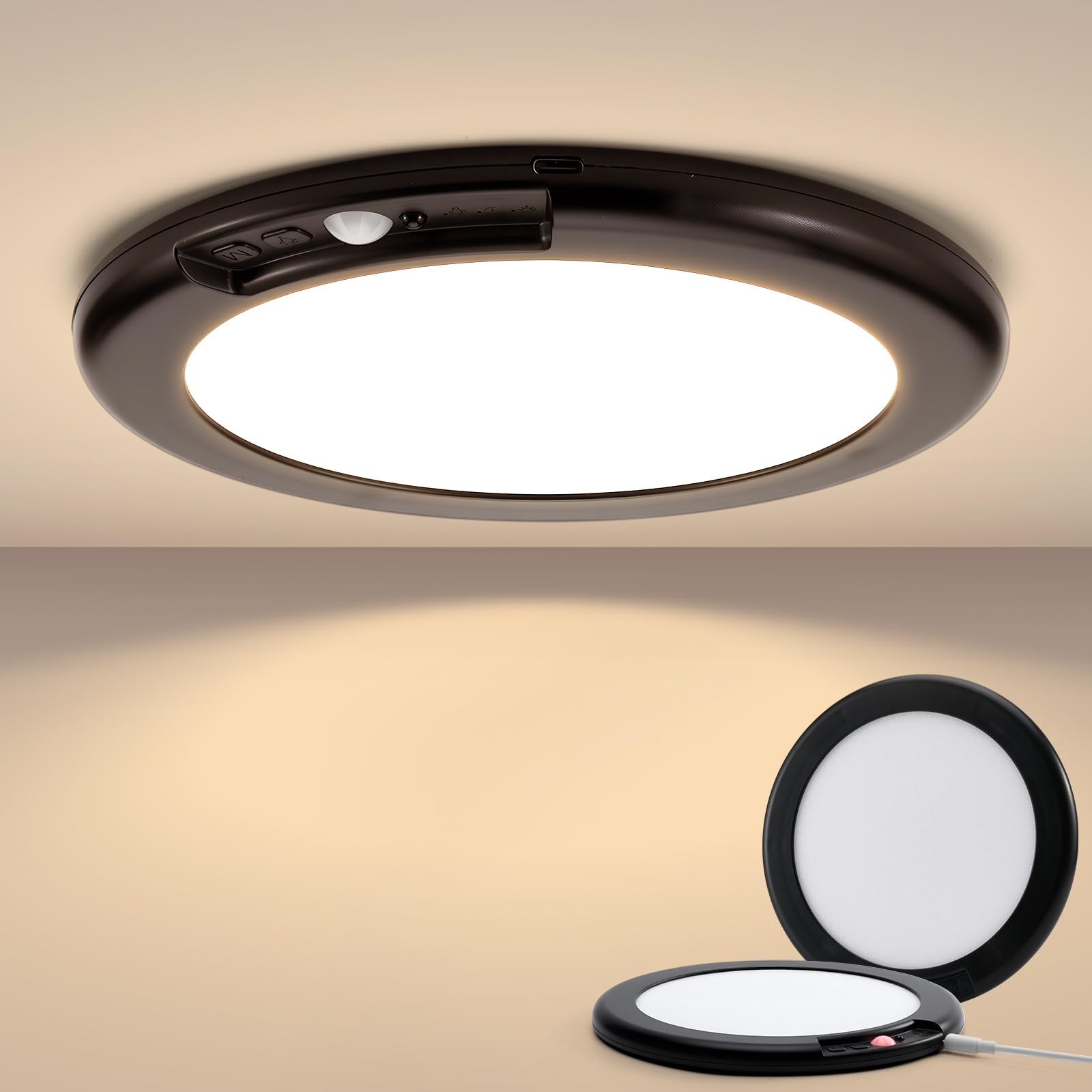 2 Pack Black Operated Battery Powered Motion Sensor Ceiling Lights Wireless, Rechargeable 60 Day Battery Life Waterproof Inside Shower Lighting with Remote Magnetic No Wiring for Garage Closet