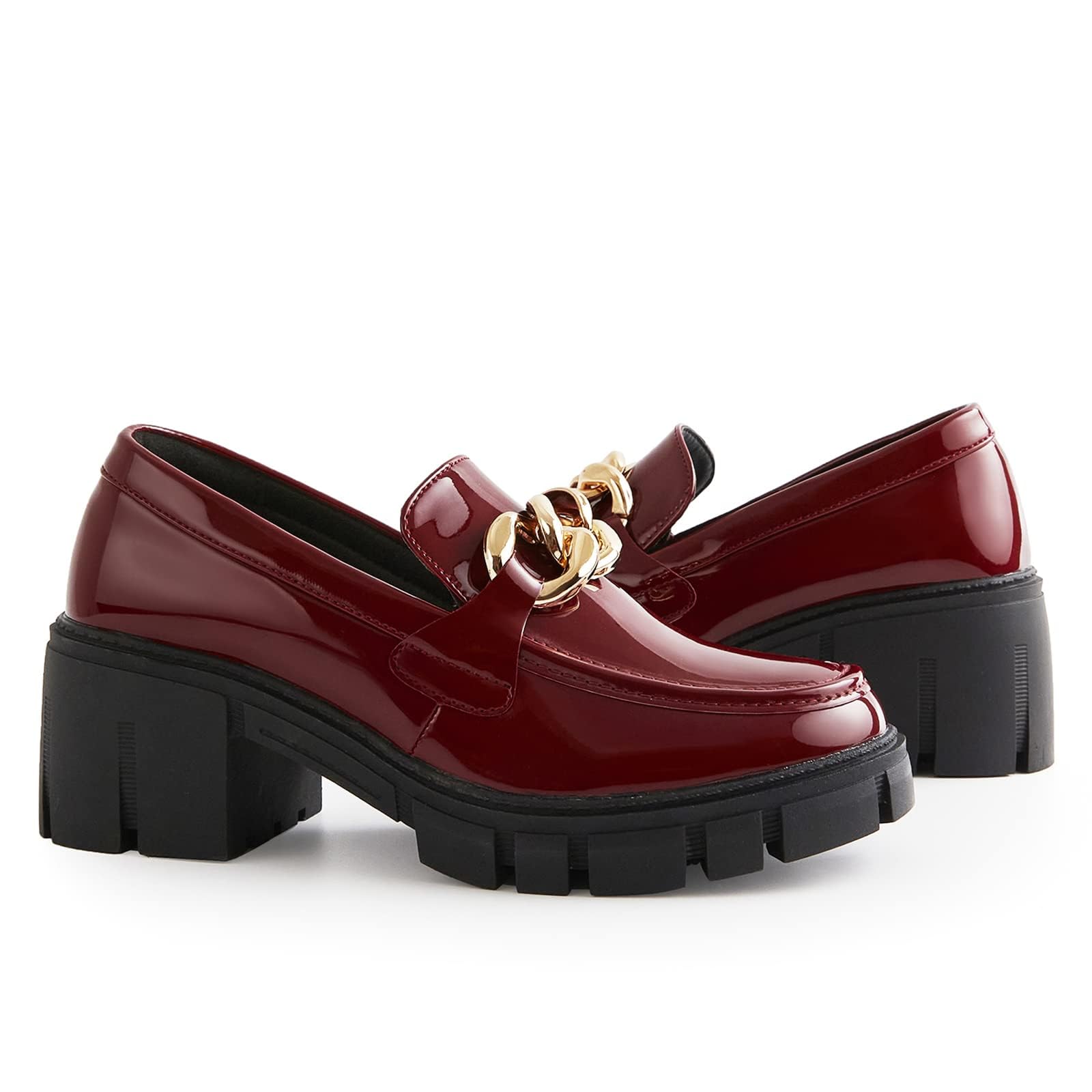 TINSTREE Platform Loafers for Women with Chain Comfort Chunky Heel Slip On Round Toe Business Work Shoes