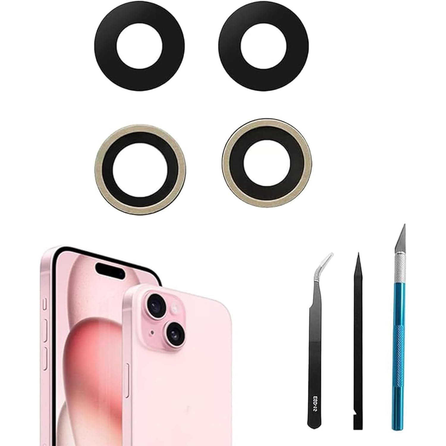 Photo 1 of 2pcs/Set 15 Plus Camera Lens Replacement for iPhone 15 Camera Lens Rear Glass Replacement with Pre-Installed Adhesive + Repair Tool Kit, Anti-Lens Scratch & Waterproof
