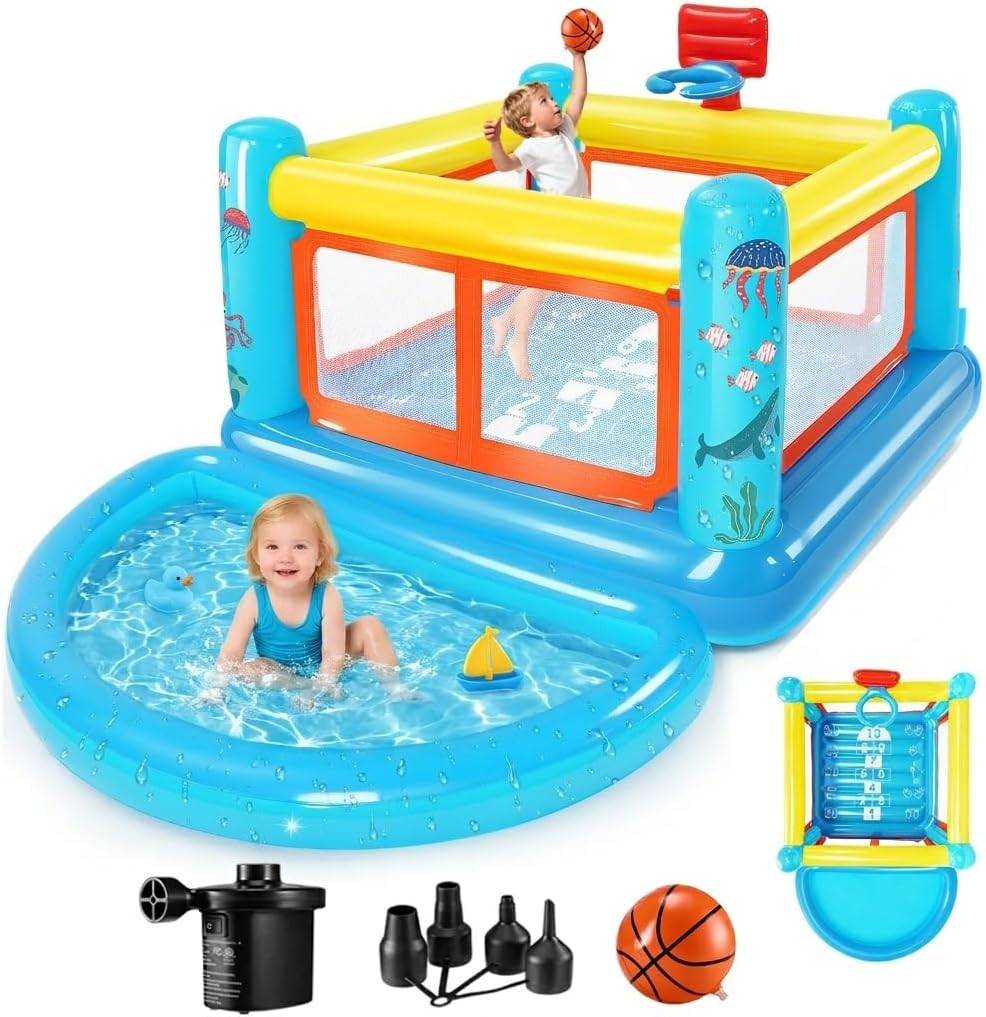 AKEYDIY Bounce House for Kids 3-6, Indoor/Outdoor Inflatable Bouncy Castle with Removable Ball Pit, Hopscotch Game, Basketball Hoop & Air Blower Included