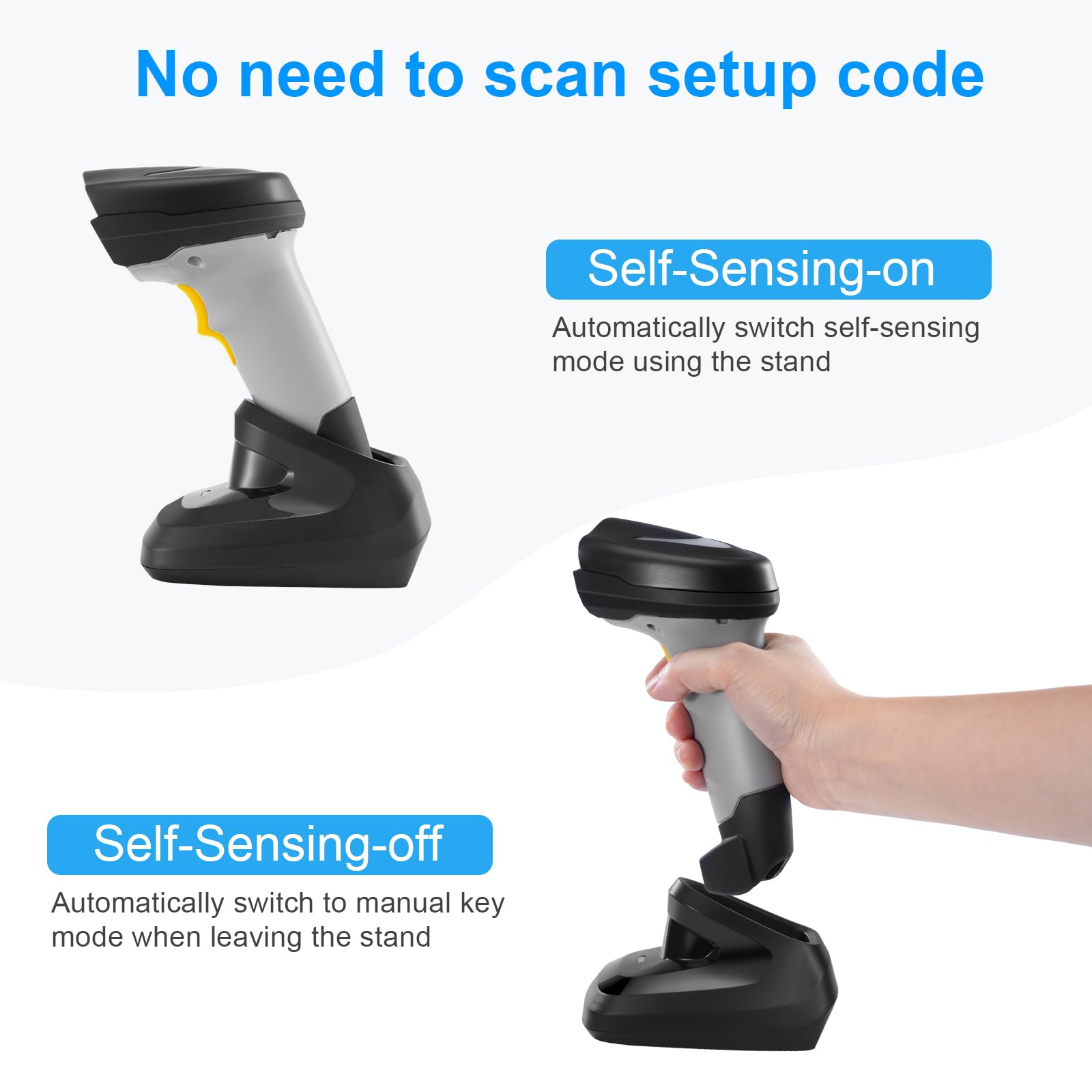 Escáner de código de barras inalámbrico, lector de código de barras 1D con soporte, 2.4G inalámbrico y conexión USB con cable Plug and Play, escáneres de código de barras de mano