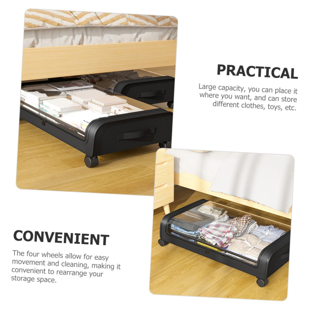 Cabilock Organizador De Almacenamiento Cama Ruedas Caja De Almacenaje De Gran Capacidad Para Ropa Juguetes y Mantas Contenedor Práctico y Espacio Ahorro Material Duradero Tapa Transparente