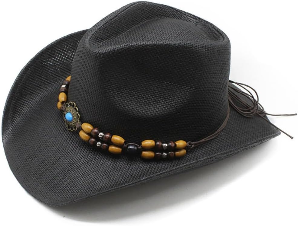 Western Cowboy Hat, Straw Woven, Beaded Band with Turquoise Accent, Beige