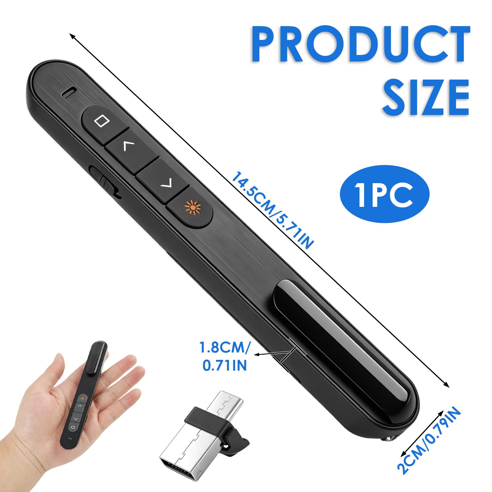 Télécommande de Présentation sans Fil 2-en-1 USB-C & USB-A, Pointeur PowerPoint 2,4 GHz avec Contrôle du Volume et Hyperliens