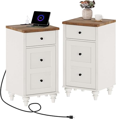 Miniatura 11 de WAMPAT Mesitas de noche con estación de carga, juego de 2 mesas auxiliares con tomas de corriente y puertos USB para sala de estar, mesa auxiliar