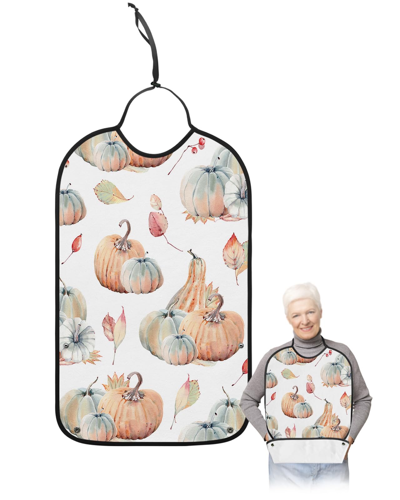 Thanksgiving Adult Bibs for Eating, Waterproof Bibs with Food Catcher & Adjustable Snap Closure, Watercolor Autumn Pumpkin Fallen Leaves Washable Clothing Protectors Adult Bibs for Elderly Women/Men