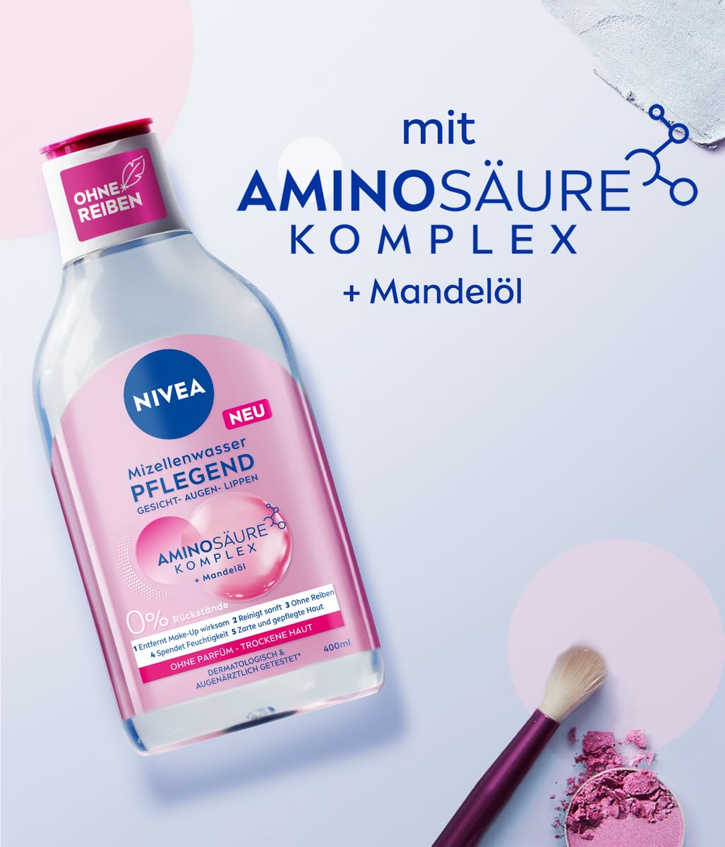 NIVEA Pielęgnująca woda micelarna, tonik do twarzy do suchej skóry z kompleksem olejku migdałowego i aminokwasów, nawilżająca woda oczyszczająca micelarna, delikatne oczyszczanie twarzy (400 ml)