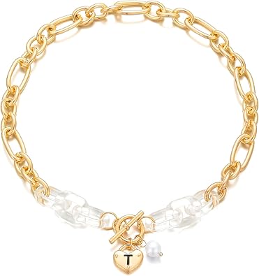 Statement Chunky Chain Initial Necklace,Letter A-Z OT Clasp Pearl Accent Trendy Initial Choker,Jewelry Gift for Women