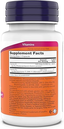 Miniatura 2 de Now Supplements, Mega D-3 & MK-7, 5000 IU  180 mcg, Bone & Cardiovascular Support*, Vitamins K-3 & K-2, 180 Capsules