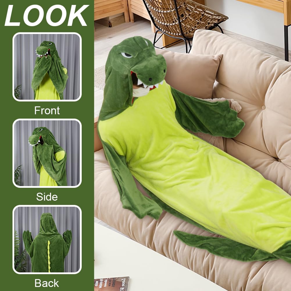 Saco de Dormir de Cocodrilo, Saco de Dormir con Cremallera de Cocodrilo，Dormir de Franela Súper Suave y Acogedor con Capucha y Cola