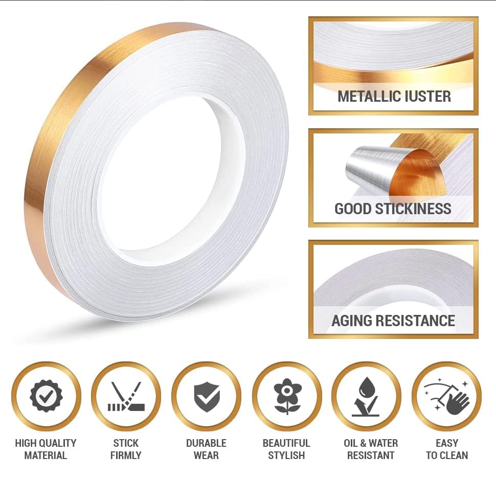 Image of Tile Gap Foil Line Tape - 1CM x 50M (Gold) Self-Adhesive Seam Sticker for Wall, Cabinet, Kitchen, Floor - Waterproof, Decorative, Peel & Stick Mirror Finish Tape(Pack of 1)