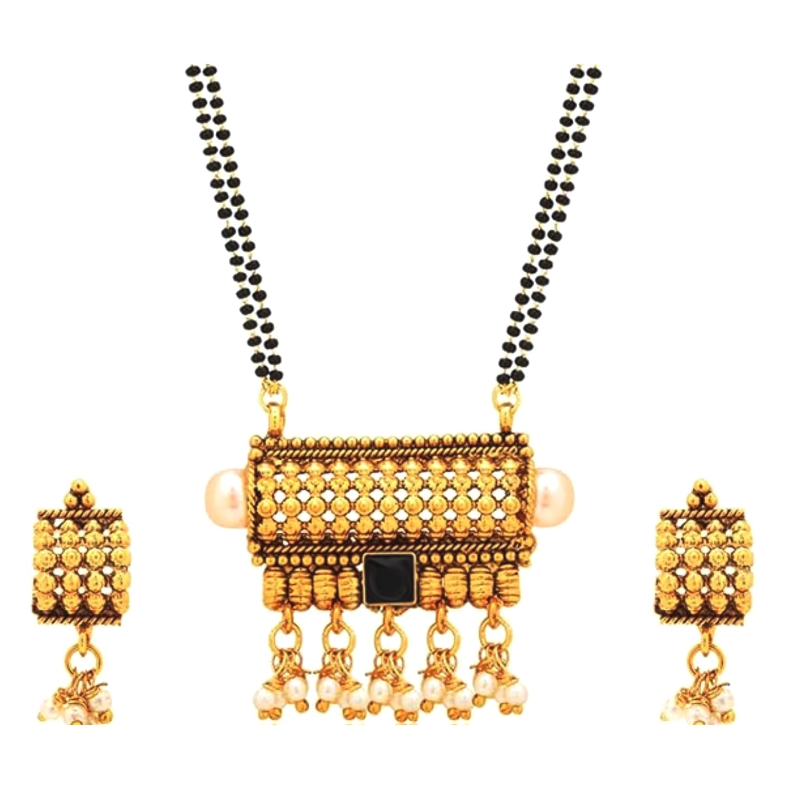 PARNA Gold Plated Traditional Jewellery Stylish Fancy Design Pearl Moti Pendant Earrings Set with Long Black Beads Chain Maharashtrian Mangalsutra for Women (24 Inch) (B0CYCF9QSY) Amazon Price History, Amazon Price Tracker