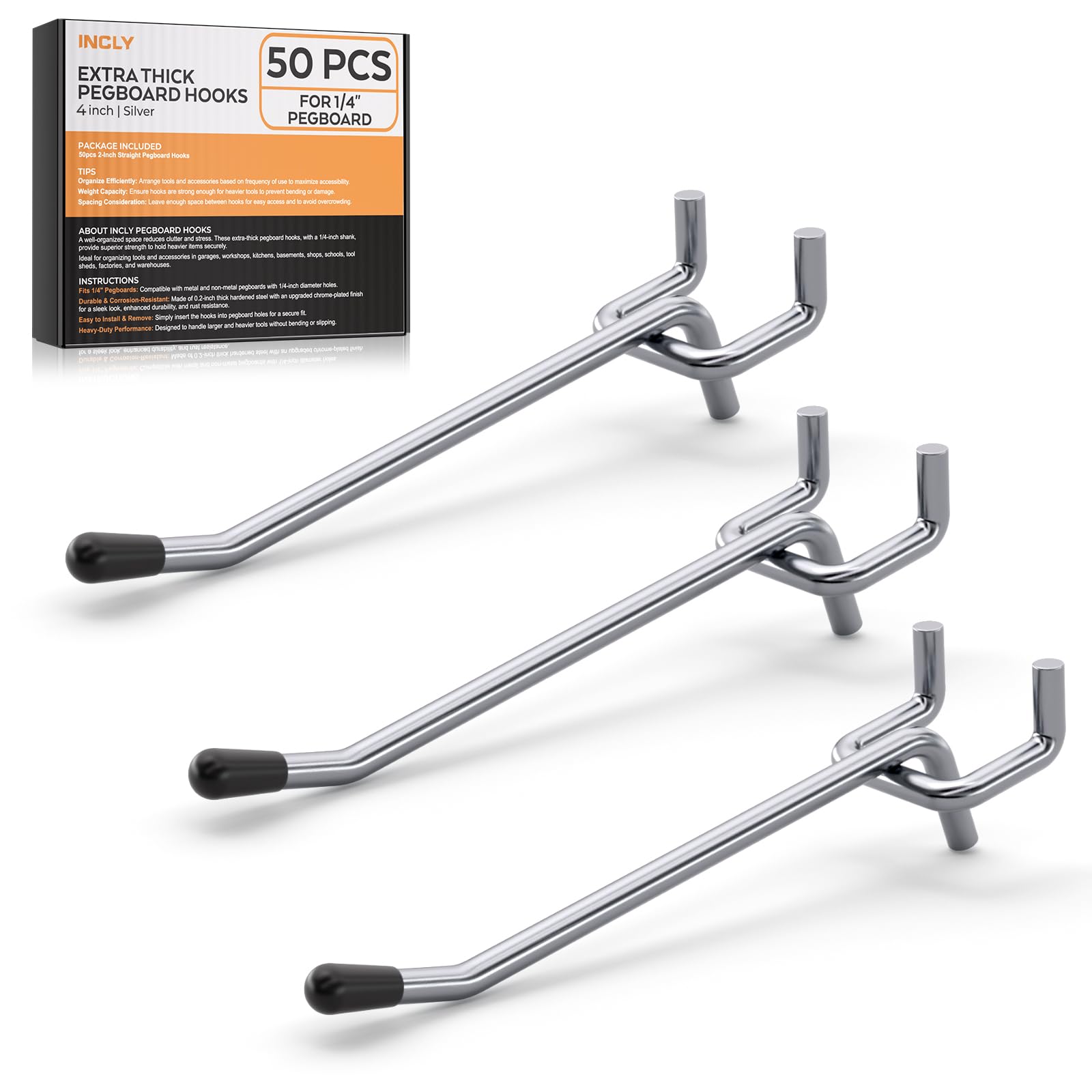 INCLY 50 Pack 4 Inch Pegboard Hooks with Rubber Tipped, 1/4" Heavy Duty
