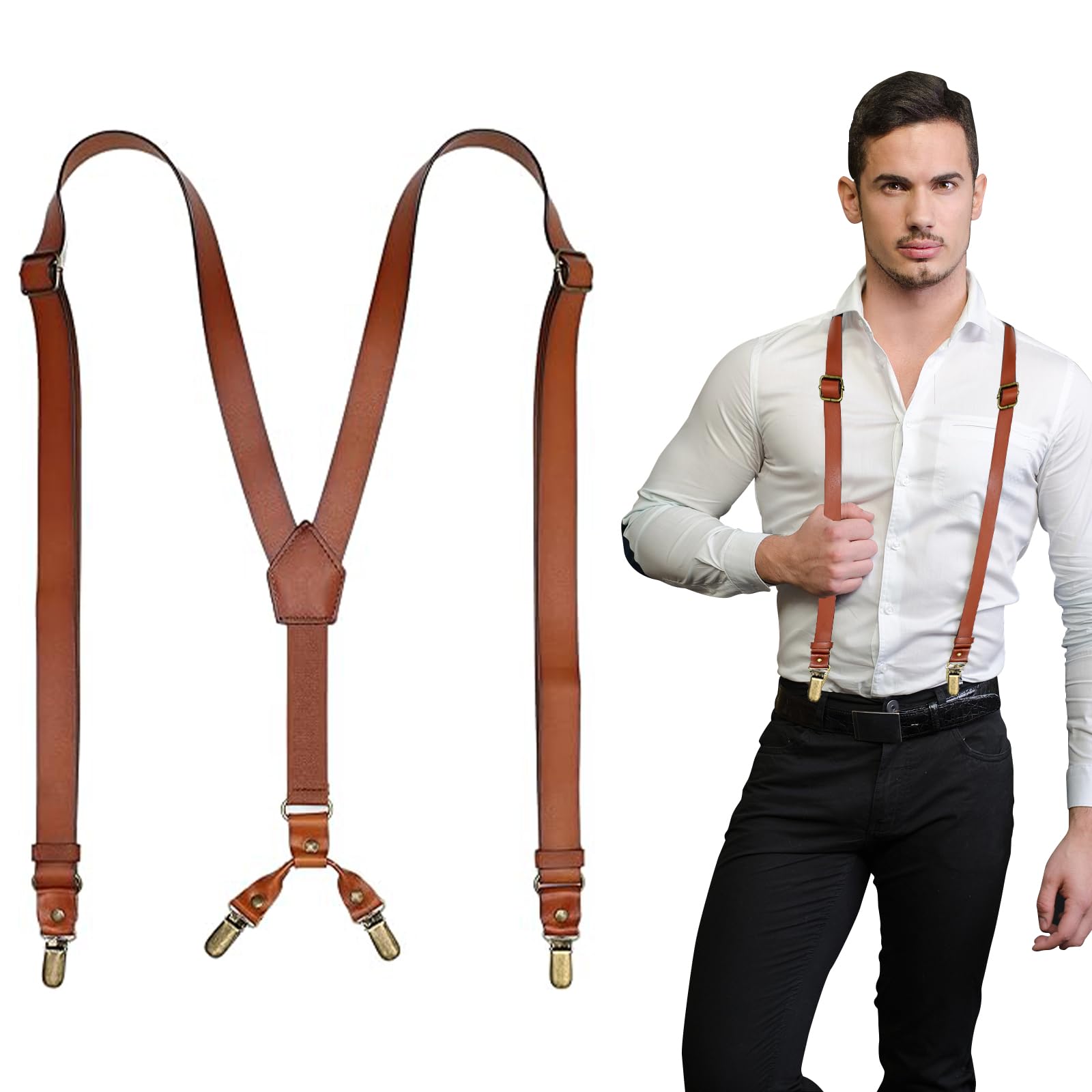 Solaviya Leather Suspenders for Men Y Back Design Adjustable Suspender with 4 Metal Clips Groomsmen Gift Wedding Brown