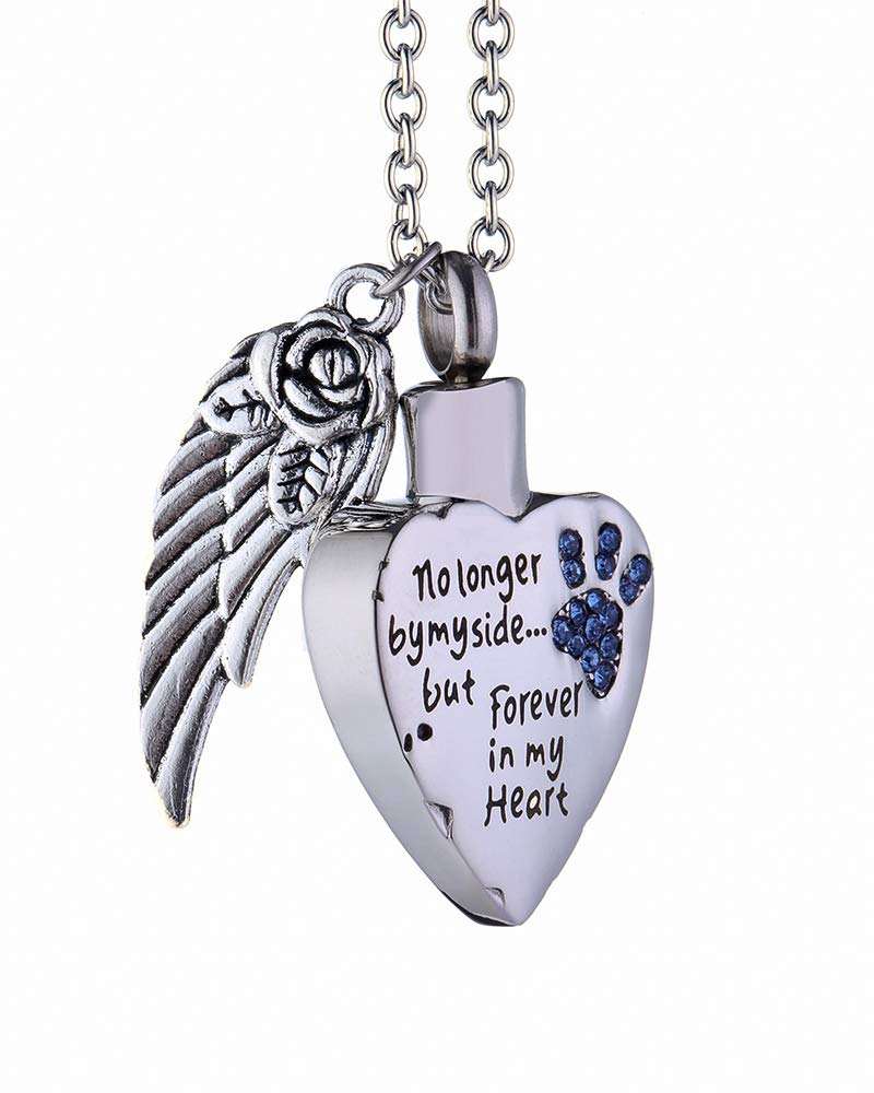 MCJKP Joyería de cremación para cenizas, colgante de urna personalizado, collar de corazón, incrustaciones de cristal azul, pata de mascotas con un ala de ángel, recuerdo, impermeable, regalos