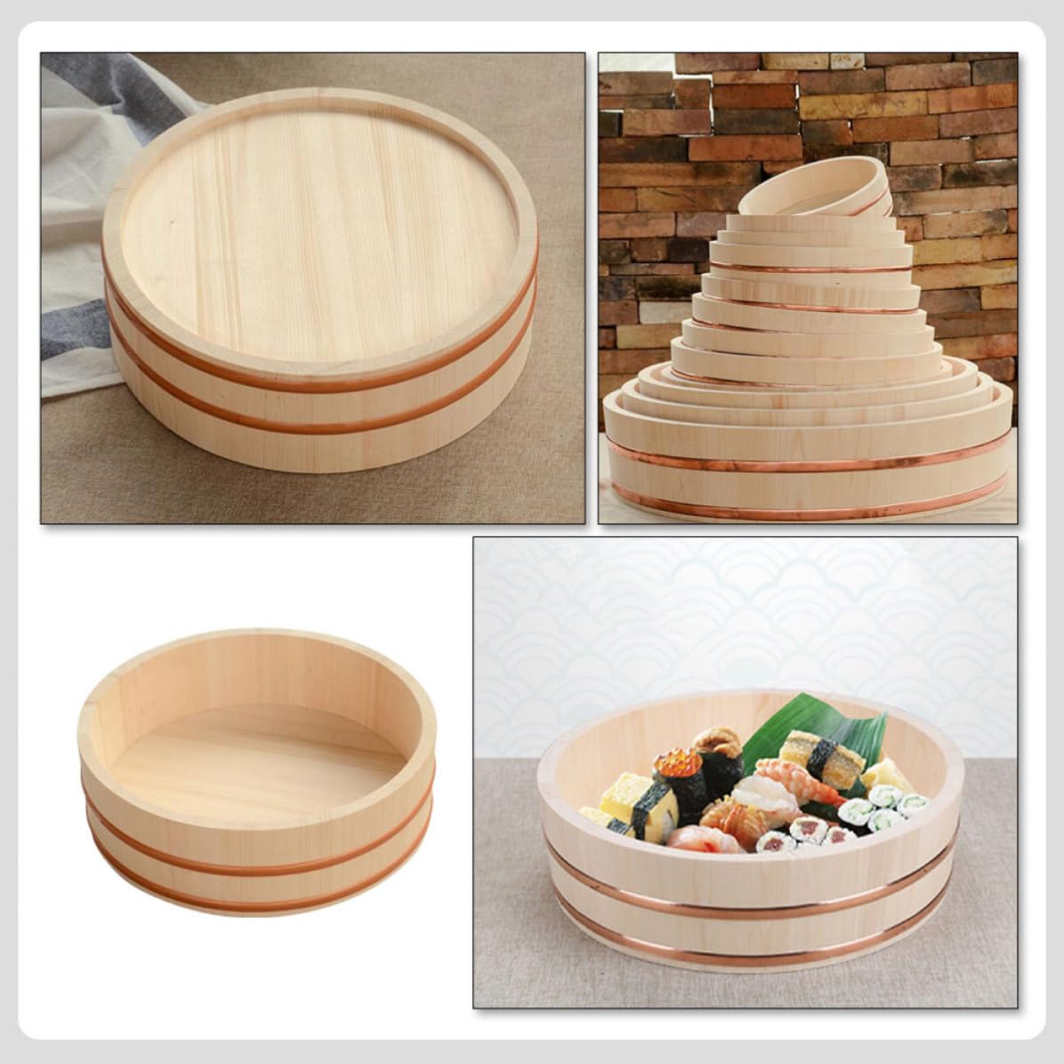 Seau à Sushi Rond en Bois et Cuivre, Grand Format Cuisine Japonaise