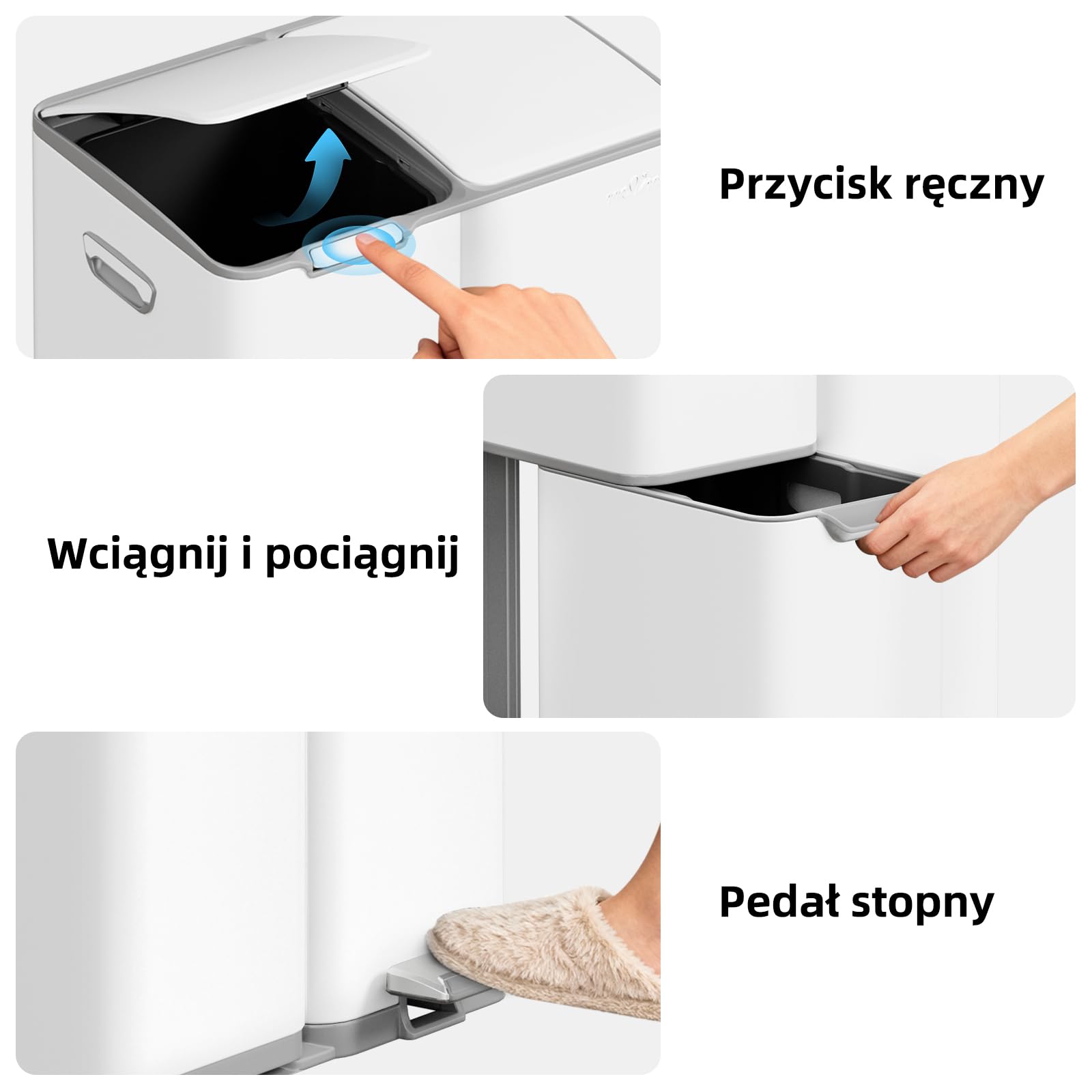 mVm Kosz na Śmieci do Segregacji Odpadów 60L 3 Komory, Stal Nierdzewna, Duża Pojemność, Kosz Kuchenny z Pokrywą Soft Close, Nowoczesny Pojemnik do Recyklingu
