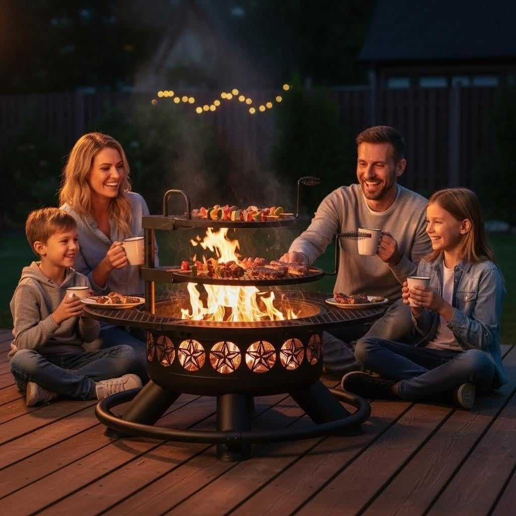 Extra Large 47 Inch Outdoor Fire Pit, 3-in-1 Wood Burning BBQ Firepit with 2 Cooking Grills, Lid and Fire Poker, Heavy Duty Round Fireplace for Backyard, Patio, Camping & Bonfire