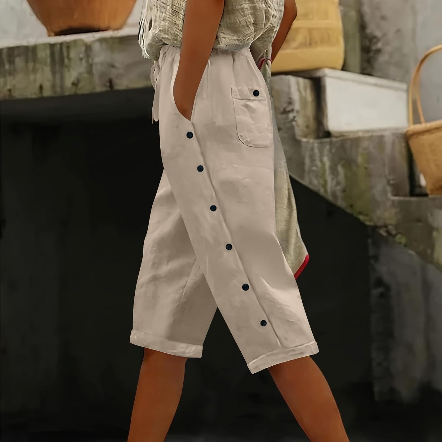 Linen Capri Pants for Women Summer Drawstring High Waisted Straight Wide Leg Loose Button Side Cropped Trousers