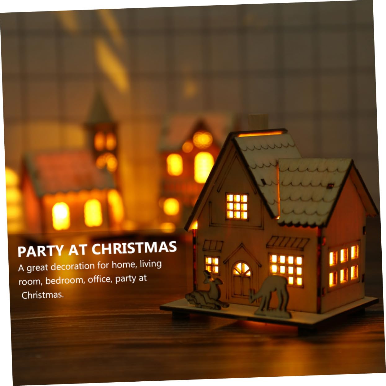 Ipetboom Ornement de Bureau en Bois Beige LED Lumineuse, Petite Maison de Noël Chic et Chaleureuse pour Décoration de Fête Bureau ou Fenêtre
