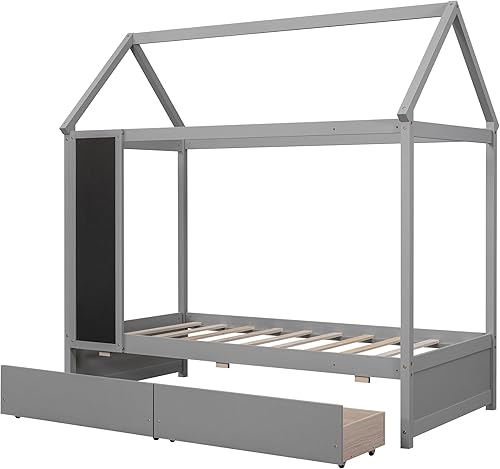 Miniatura 158 de RUNNA Marco de cama de madera de tamaño matrimonial con valla, para niños, adolescentes, niñas, niños, (Natural-Thinck 4col) Natural-Thinck