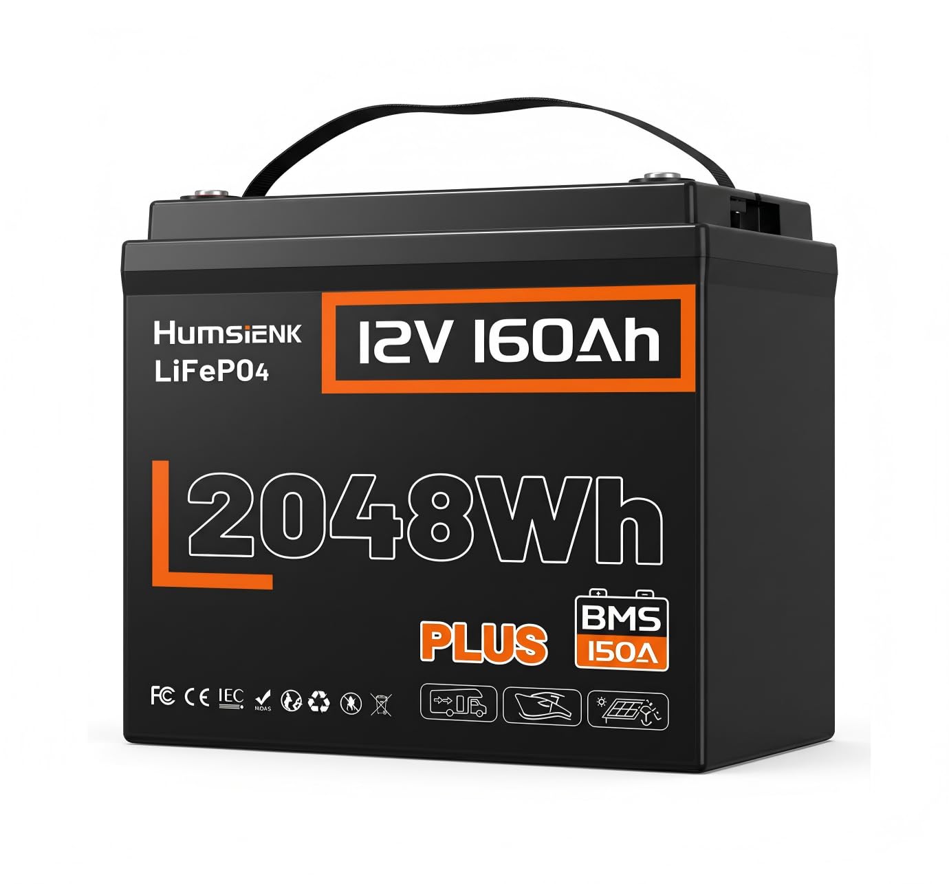 Batterie LiFePO4 160 Ah Plus HumsiENK – Batterie Lithium 12 V Haute Performance, 2048 Wh, BMS Intelligent, IP65, Compatible RV/Solaire/Bateaux – Version Ultra de la Batterie LiFePO4 12 V 160 Ah