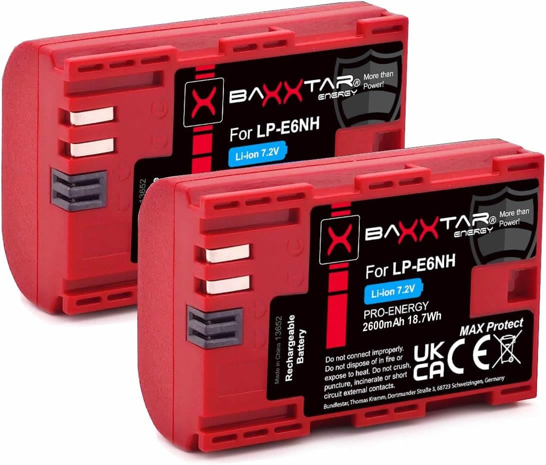 Baxxtar MaxProtect LP-E6NH Batterie 2X 2600mAh NTC Capteur V1 Boîtier - Chargeur 1500mA PD-Performance USB-C Compatible avec Canon EOS R5 R6 R6II R7 5D Mark II III 5DS 6D 7D 60D 70D 80D 90D XC10 XC15