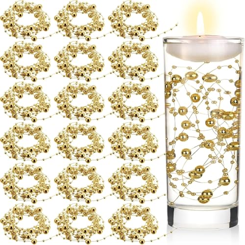 PacuM Artificial Pearls String Beads Chain, 18 Pc/70 Feet Pearl Bead String Garland Faux Pearl Christmas Beads Garland Plastic for Wedding, Party, Christmas Tree Decoration (Gold)