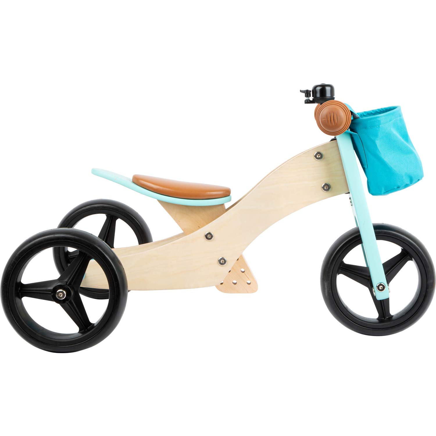 small foot Biciclettina Triciclo turchese in legno, 4 in 1 con sella regolabile e ruote gommate, da 1 anno, 11610