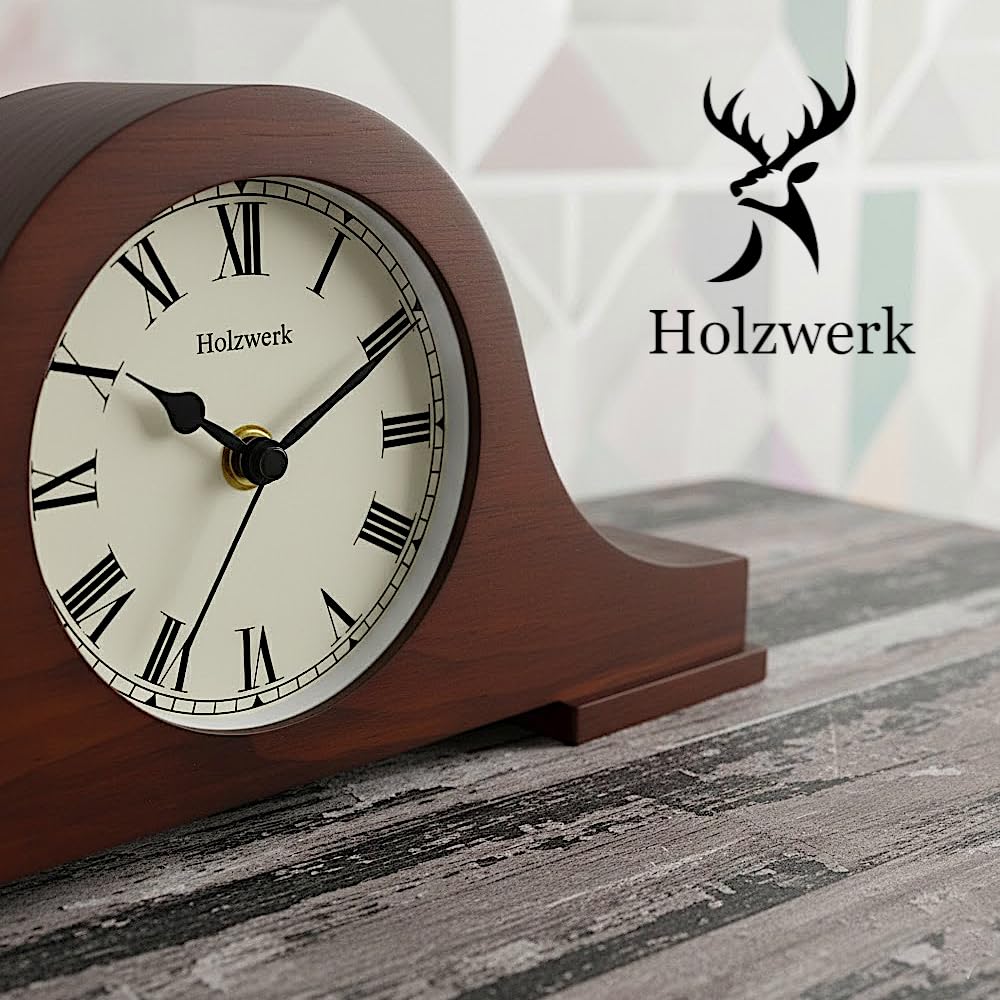 Holzwerk Madera Vintage Rustico Retro Reloj de Mesa Marrón Tradicional Reloj de Mesa Elegante Reloj de Mesa de Madera Sin Tictac Silencioso Números Romanos Números Reloj de Chimenea Salón Cocina Reloj